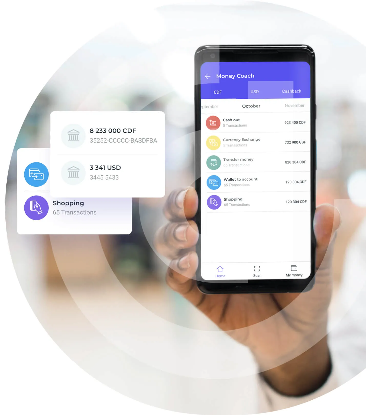 Dinero Cash mobile wallet interface used for payment and account operations